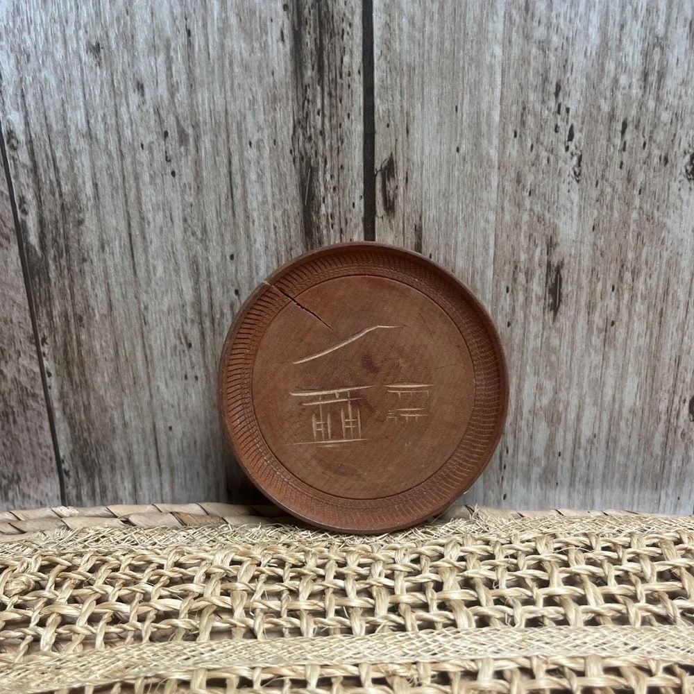 Vintage Coaster Set Asian Landscape Carved Wood Coasters w/ Holder Set of 8